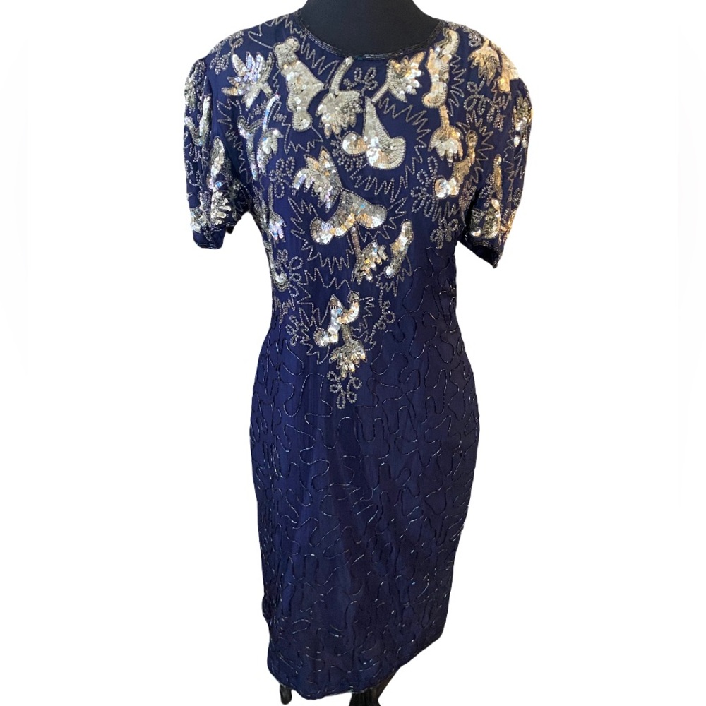 Vintage Sweelo natural silk sequin embroidered blue beaded dress size medium